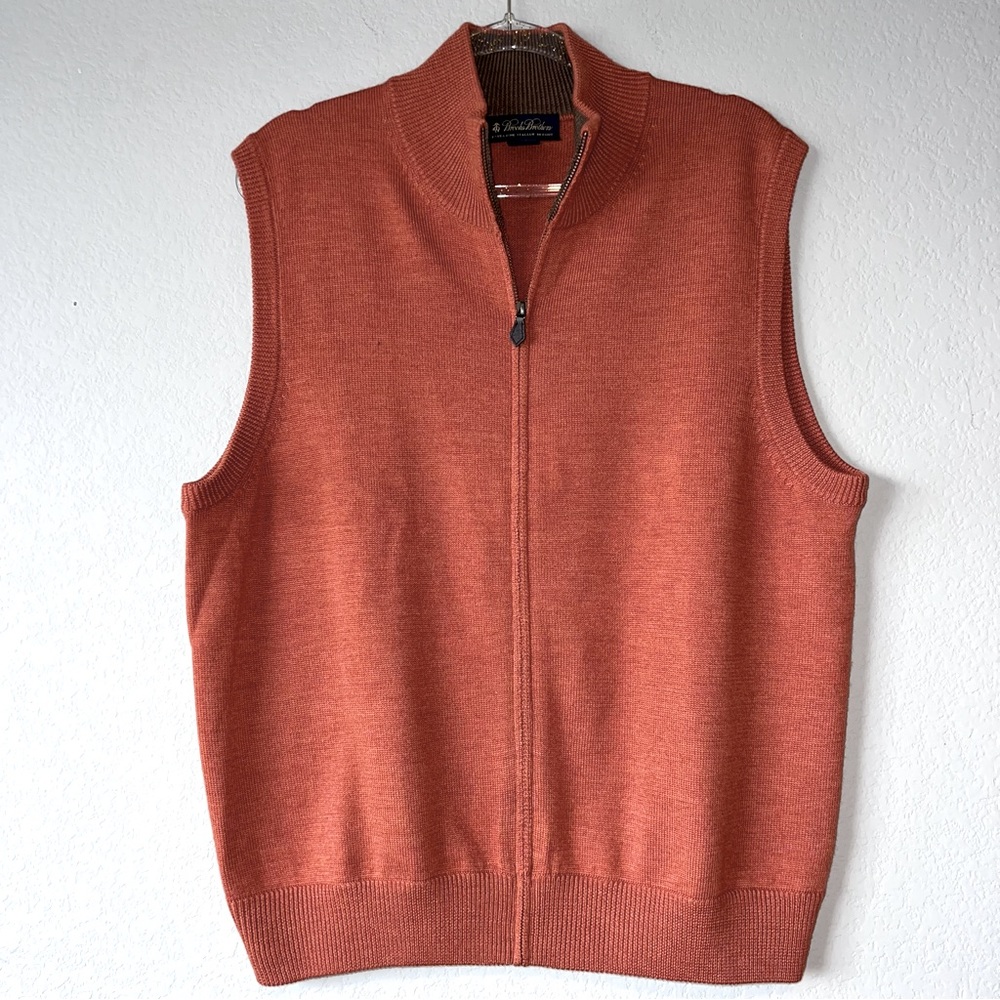 BROOKS BROTHERS Size L Mens Sweater Vest Full Zip Merino Wool Burnt Orange
